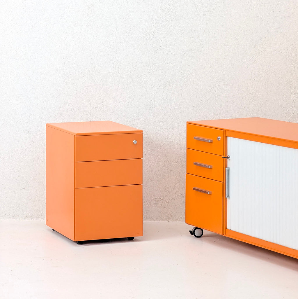 Industrial Mobile Pedestal | 3 Drawer Steel File Cabinet | Electric Orange