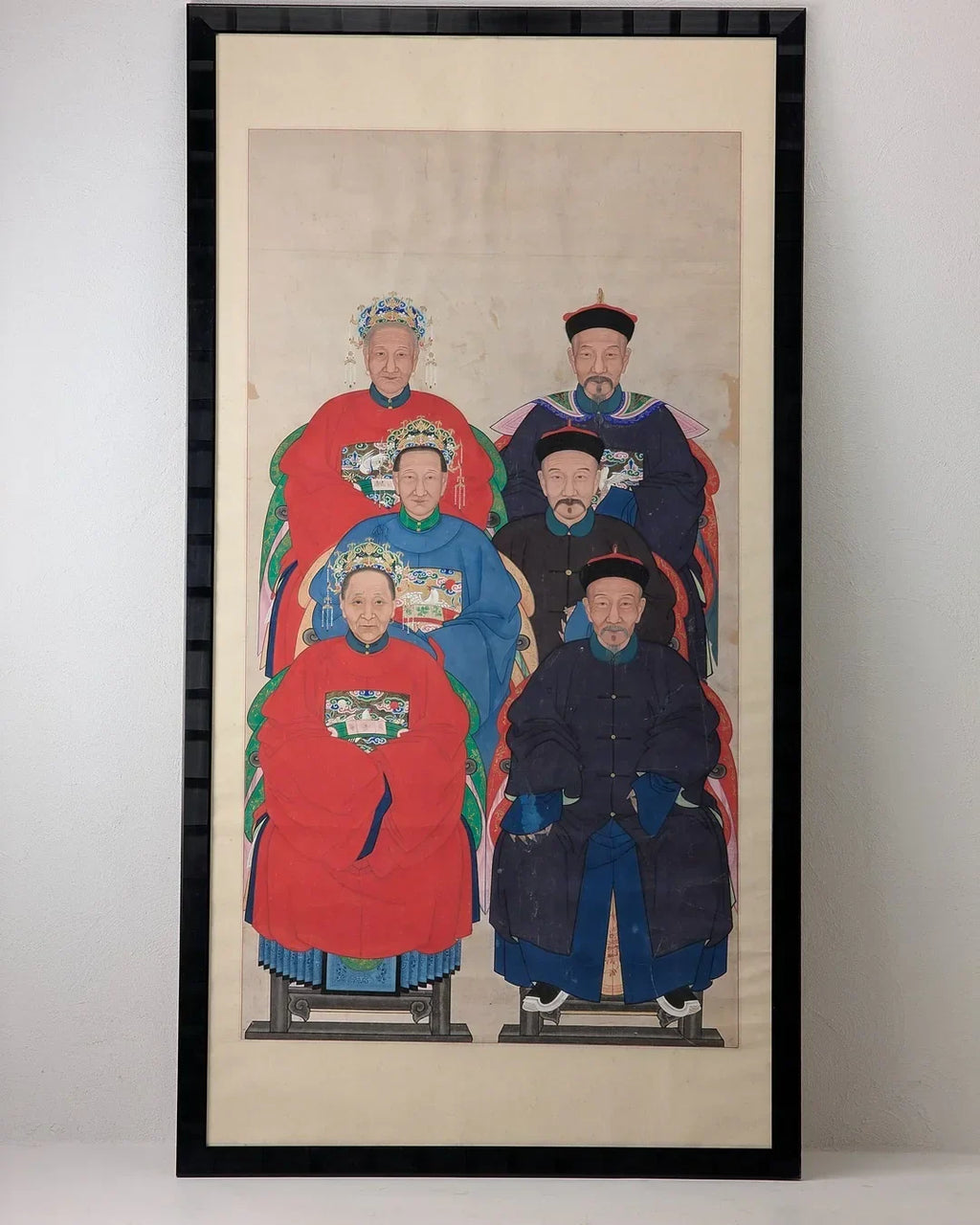 Framed Chinese ancestor portrait painting with six figures in traditional robes and hats