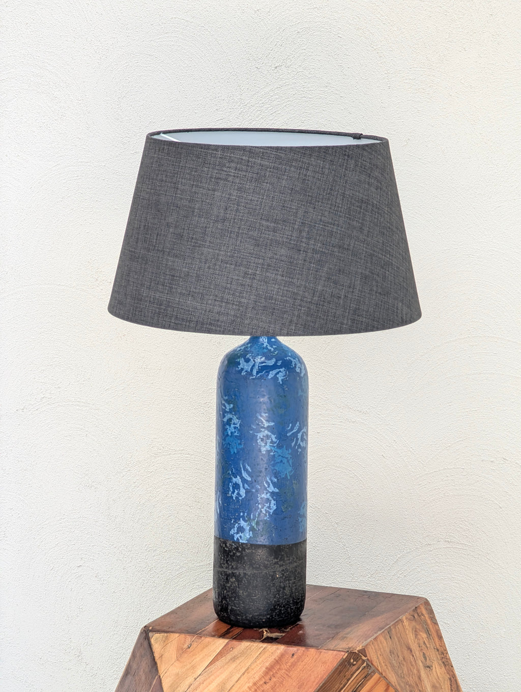 Vintage 1970s Brutalist Cylinder Lamp – Heavy Gauge Steel & Original Blue Glaze