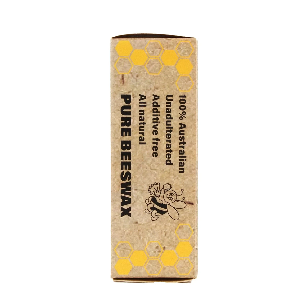 Pure beeswax packaging with honeycomb design, cartoon bee, and natural product keywords
