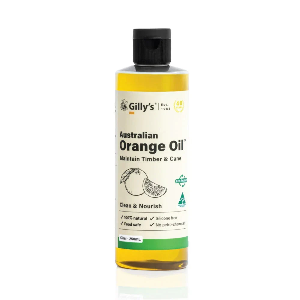Gilly's Australian Orange Oil bottle for timber and cane care, 250mL, natural cleaner.