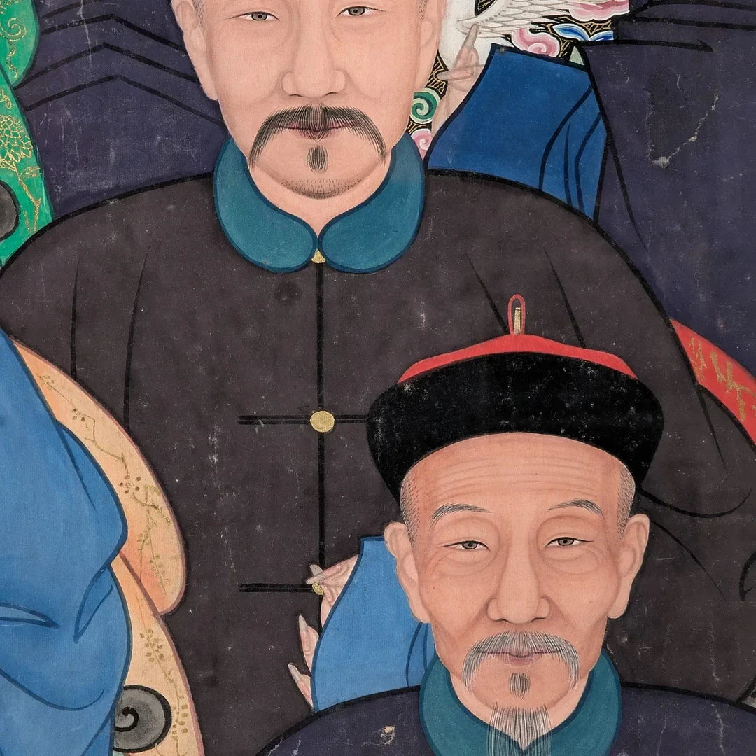 Traditional Chinese portrait painting of two men in black robes with blue collars