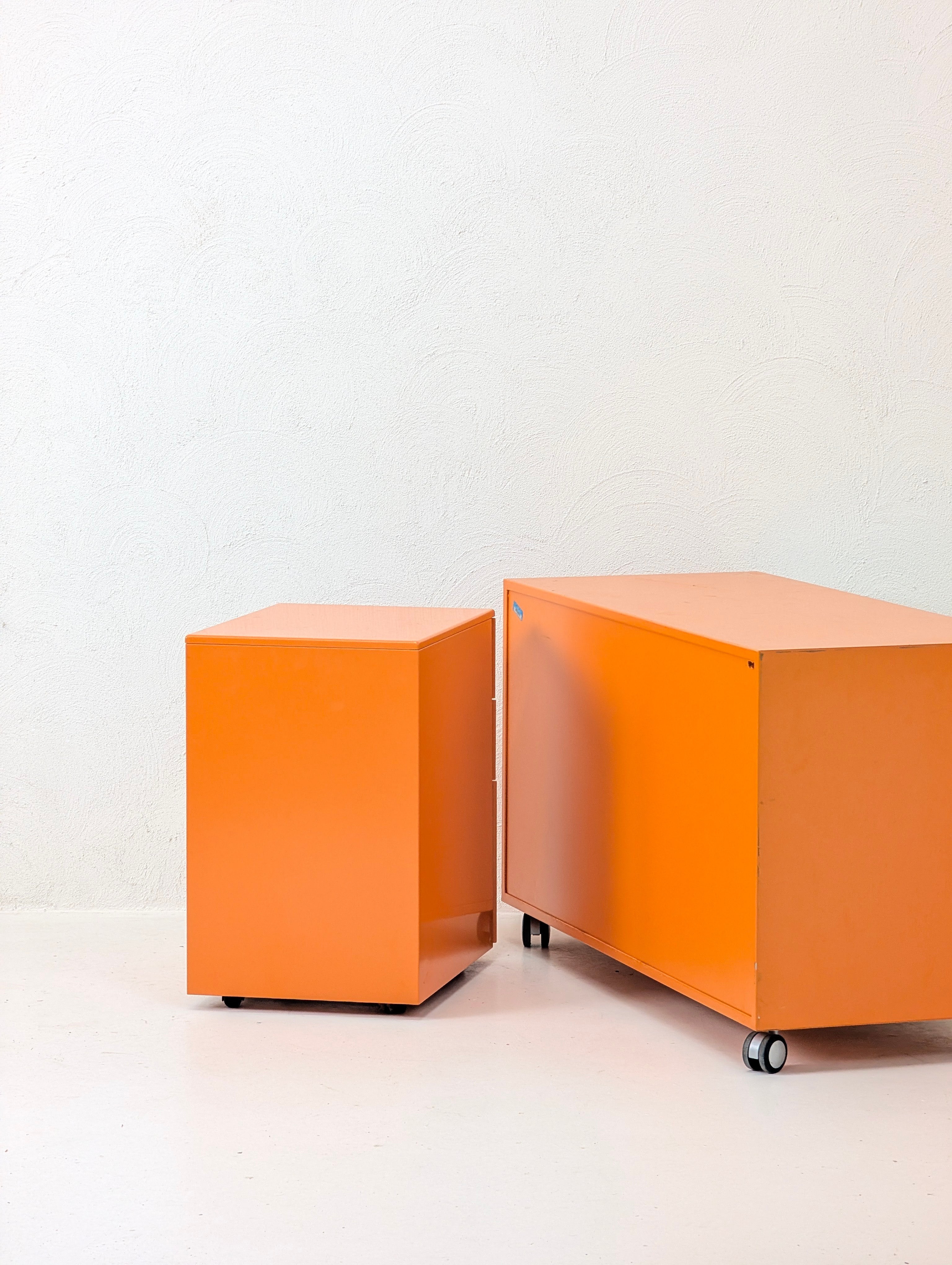 Industrial Mobile Pedestal | 3 Drawer Steel File Cabinet | Electric Orange