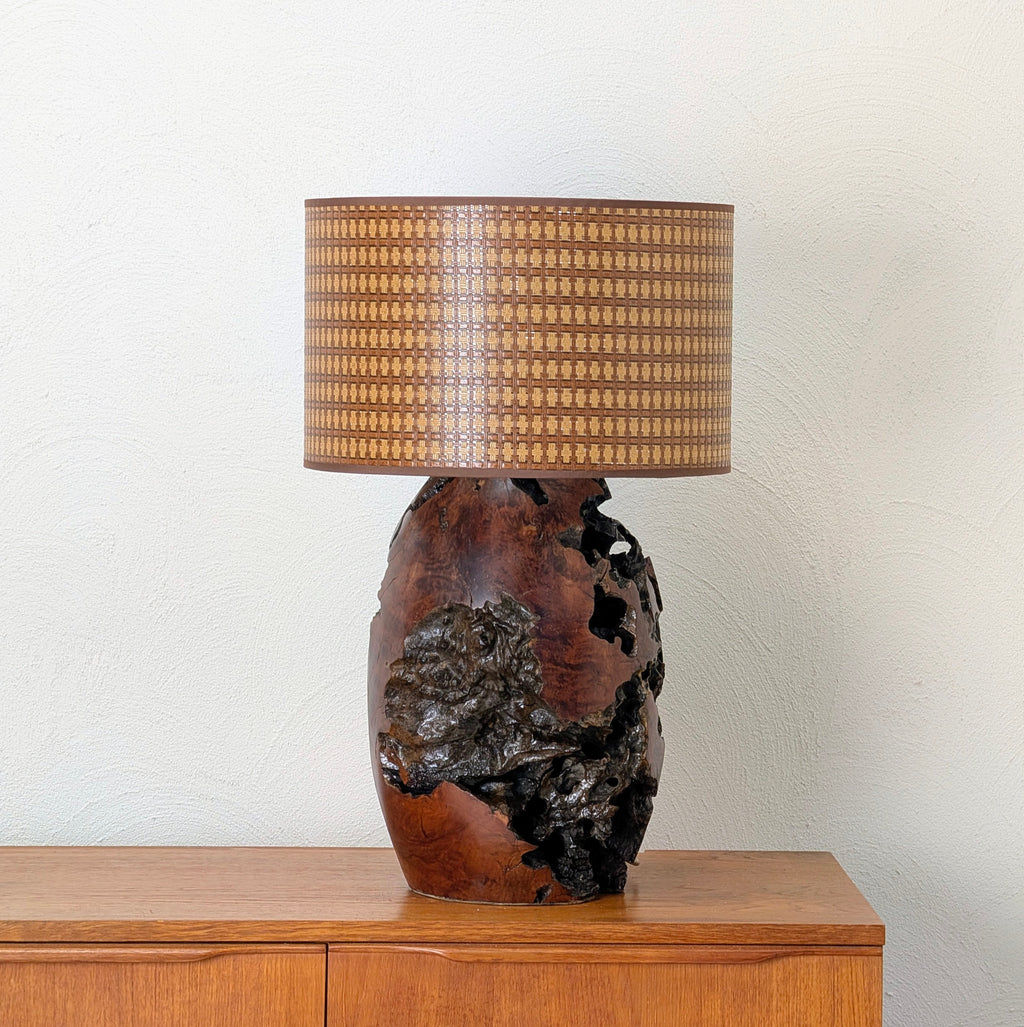 Handmade Burl Wood Table Lamp with Hand Woven Shade, Vintage