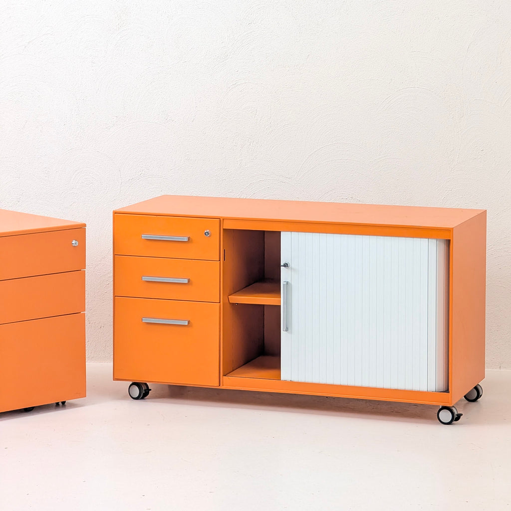 Industrial Mobile Caddy | Orange Steel Tambour Cabinet | Australian Made