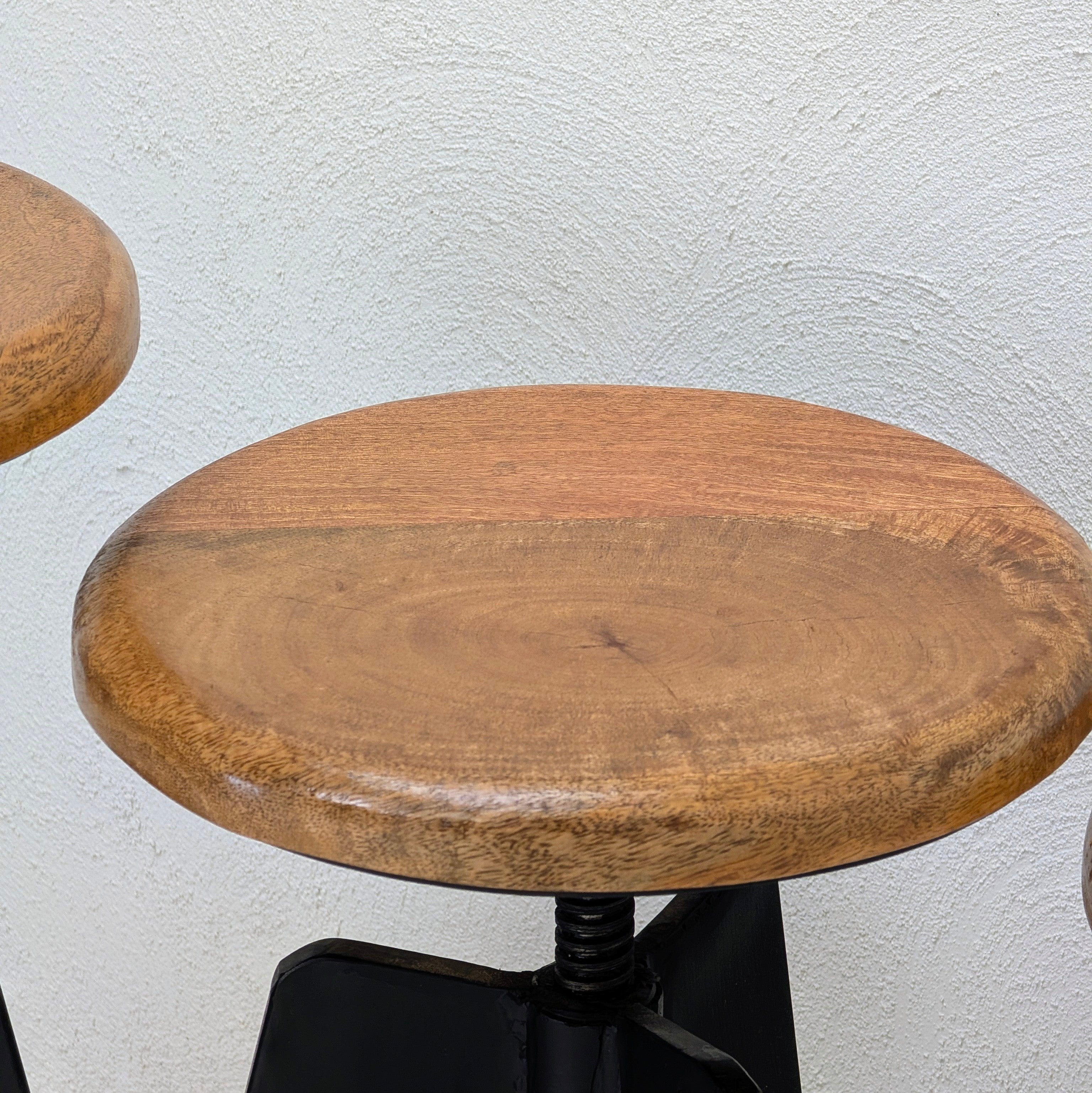 Industrial Adjustable Tripod Stools in Solid Oak and Steel