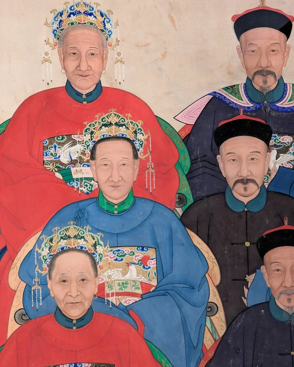 Traditional Chinese family portrait painting with colorful robes and ornate headdresses
