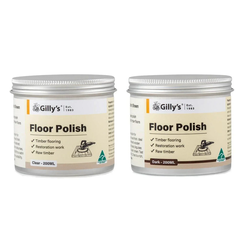 Gilly's floor polish clear and dark 200ml jars for timber flooring and restoration