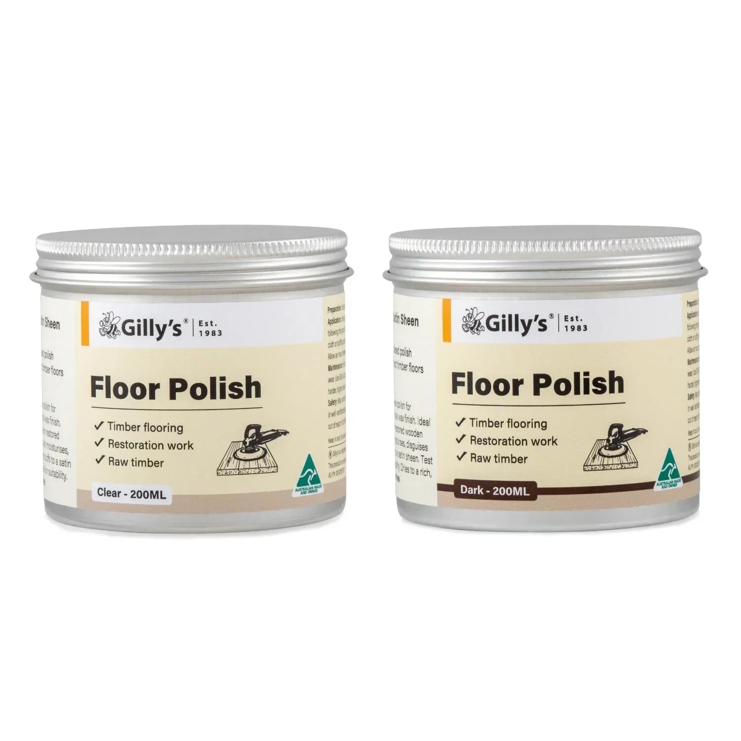 Gilly's floor polish clear and dark 200ml jars for timber flooring and restoration