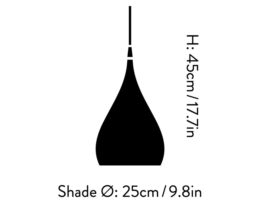 Black teardrop-shaped pendant light shade silhouette with text showing height H: 45cm / 17.7in and shade diameter Shade Ø: 25cm / 9.
