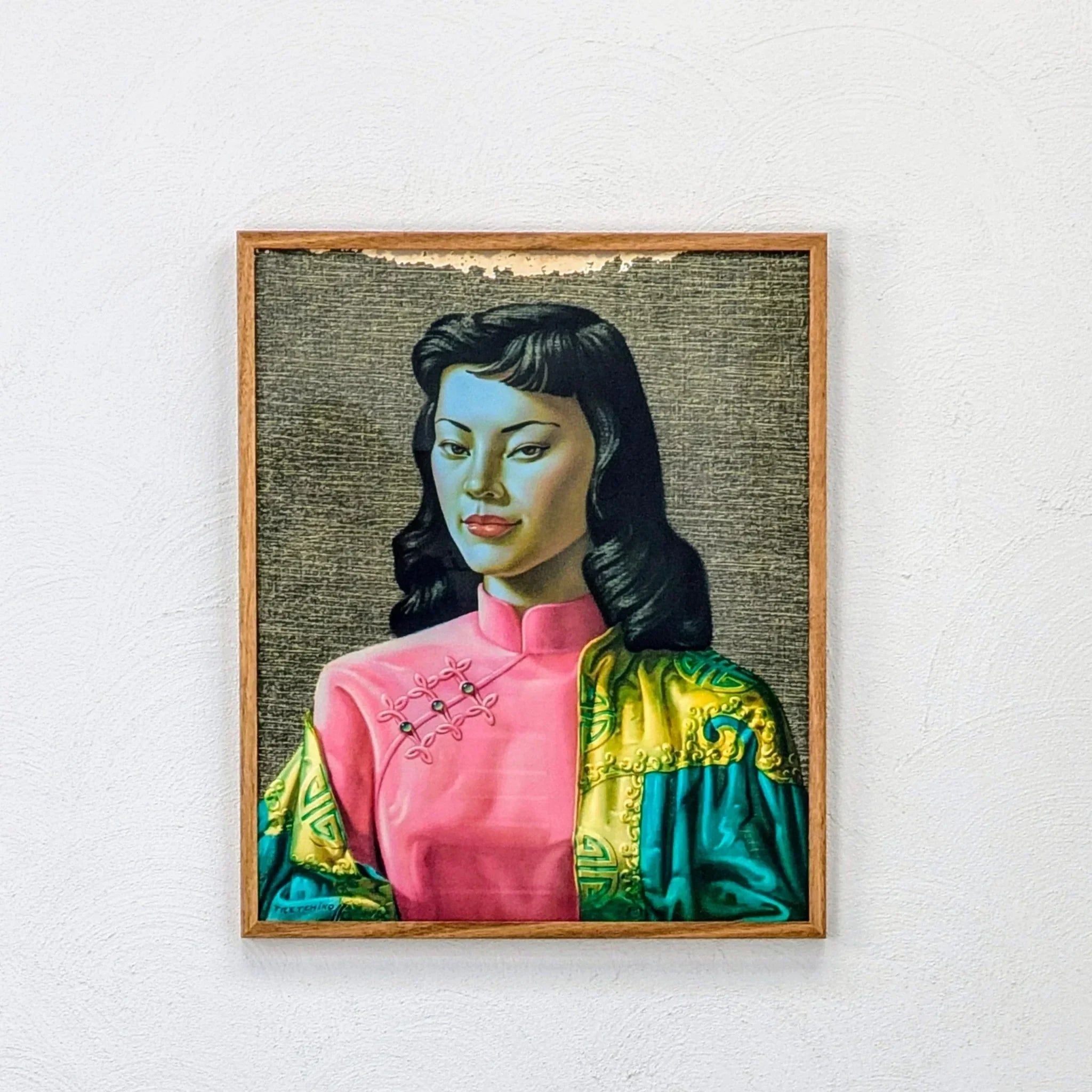 Vintage Tretchikoff Miss Wong print, Asian woman in pink dress, framed on white wall