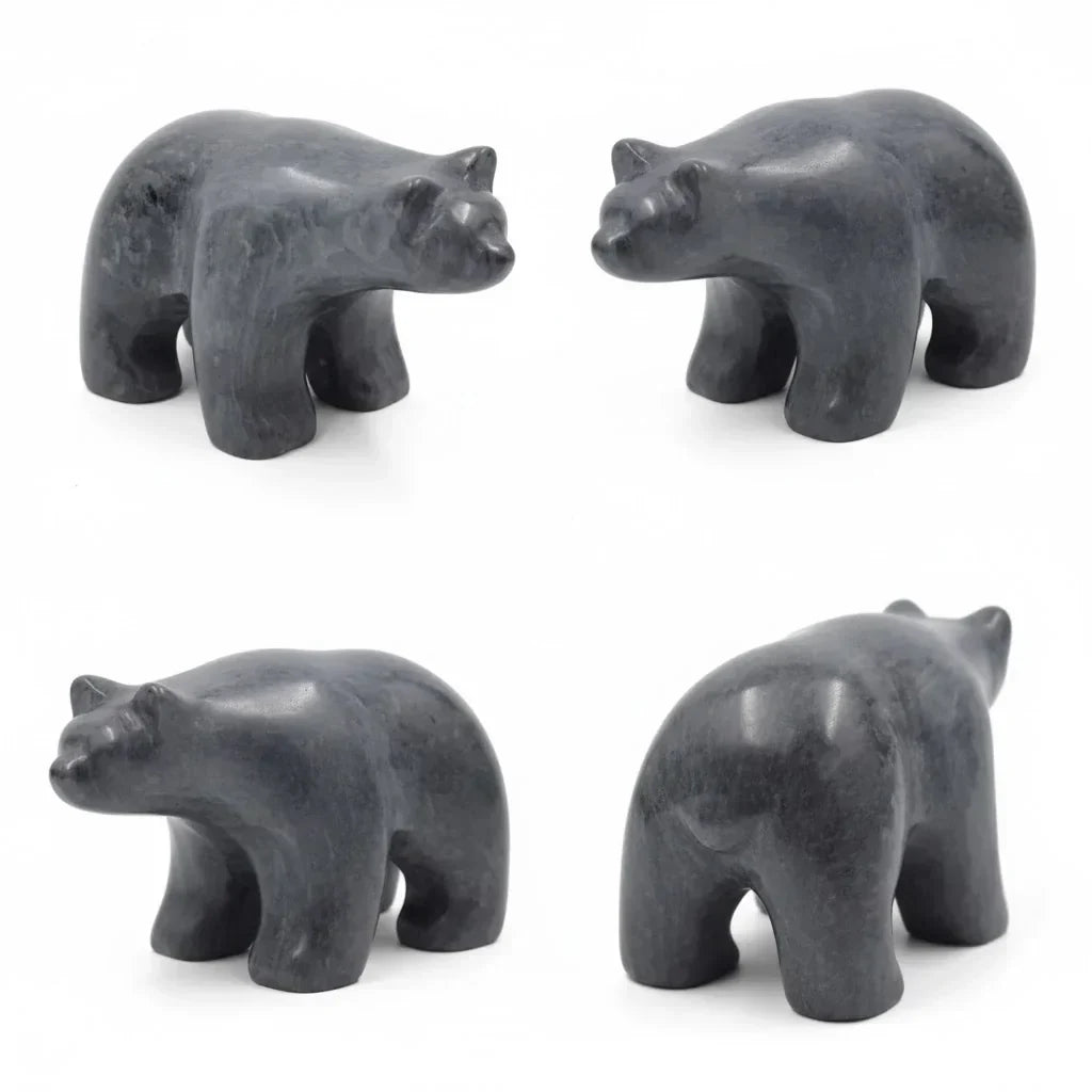 Soapstone bear figurine, hand-carved, shown from multiple angles on white background.