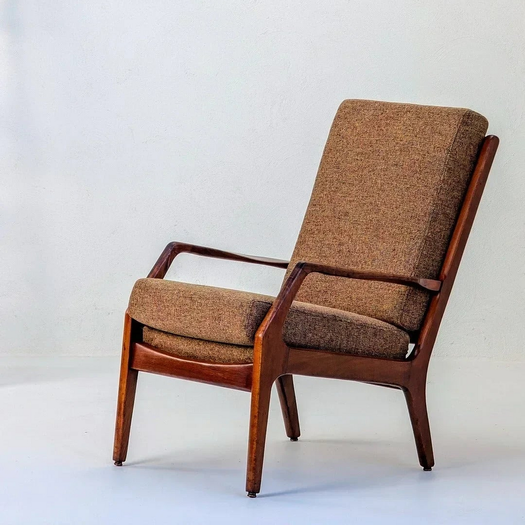 Mid-century modern Van Treight armchair with Tasmanian blackwood frame and textured brown upholstery