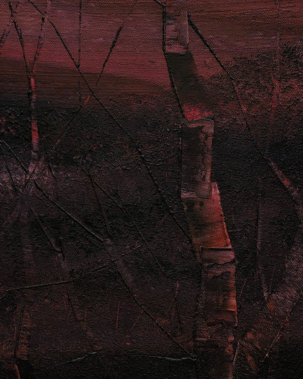 Vintage abstract oil painting on canvas with textured dark red and brown brushstrokes