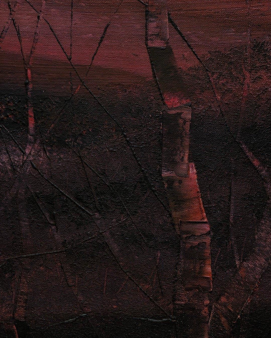 Vintage abstract oil painting on canvas with textured dark red and brown brushstrokes