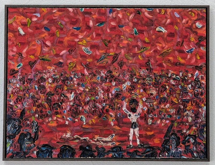 Vintage Ned Kelly oil painting with abstract red crowd, central figure in armor, vibrant brushstrokes.